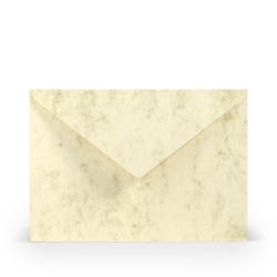 Beige Umschlag mit marmorierter Oberfläche. Logo von Rössler und Schriftzug Coloretti.