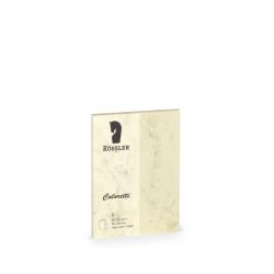 Notizbuch mit dem Titel 'Coloretti'. Beige Farbe, marmorierte Oberfläche. Logo von Rössler oben. Format A5, 74 x 105 mm.