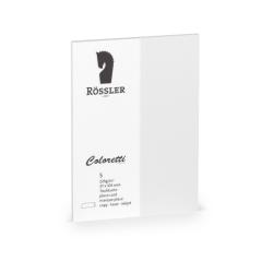 Weißes Blatt Papier, Logo oben links: Rössler. Angaben: Coloretti, 225g/m², 37 x 105 mm. Verwendung: Tischkarte, für Laser- und Inkjetdruck.