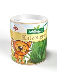 Runde Dose mit Katzengras. Bunte Verpackung mit einer lächelnden Cartoon-Katze.