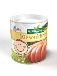 Runde Dose mit dem Aufdruck 'Riesenkuerbis'. Bunte Illustration eines lachenden Kindes und einem großen Kürbis.