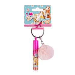 Lipgloss-Set mit pinkem Applikator. Verpackung zeigt zwei Pferde. Mit flauschigem, rosa Anhänger. Schlüsselring für einfache Befestigung.
