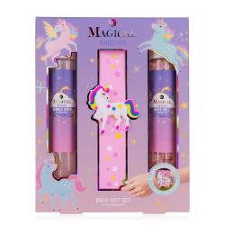 Geschenkset mit Badeprodukten für Kinder. Enthält Badebombe, Badesalz und einen bunten Slap Bracelet.