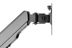 Schwenkbarer Monitorarm aus schwarzem Metall. Mit einer Ablagefläche für Geräte.
