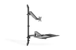 Schwenkbarer Monitorarm aus schwarzem Metall. Mit einer Ablagefläche für Geräte.