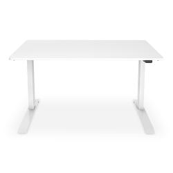 Weißer Tisch mit rechteckiger Oberfläche. Die Beine sind aus Metall.