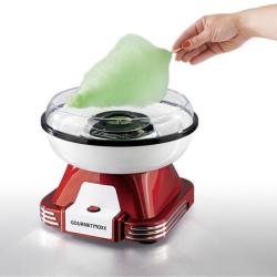 Zuckerwattemaschine in Rot und Weiß. Runde transparente Abdeckung. Ein Knopf auf der Vorderseite.