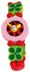 Bunte Kinderuhr mit pinkem Ziffernblatt. Armband aus Holzperlen in Rot, Grün und Gelb.