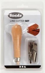 Lino Cutter Set. Holzgriff mit Metallspitze. Sechs verschiedene Klingen im Set. Verpackung transparent.