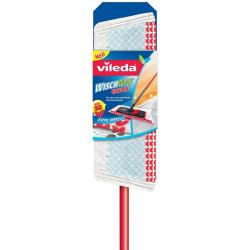 Reinigungsset mit Wischmopp und drei teilbarem Stiel. Verpackung zeigt Anwendungshinweise und Reinigungseffizienz.