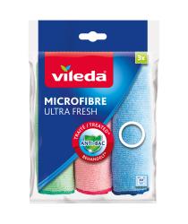 Verpackung mit drei Mikrofasertüchern in verschiedenen Farben: grün, pink, blau. Anti-Bakteriell behandelt. Geeignet für 60 Grad Wäsche.