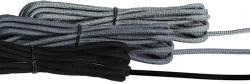 Paket mit zwei Paracord-Schnüren. Eine grau, eine schwarz. Beide Schnüre sind geflochten und elastisch.