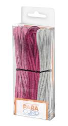 Zwei Paracord-Schnüre in pink und silber. Verpackt in einer transparenten Box.