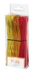 Paket mit drei Paracord-Schnüren in Gelb, Orange und Rot. Die Schnüre sind geflochten und in einer transparenten Verpackung.