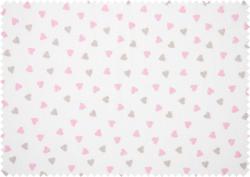 Stoffmuster mit kleinen Herzen in rosa und beige auf weißem Hintergrund. Regelmäßige Anordnung der Herzen.