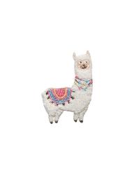 Gesticktes Abzeichen in Form eines Alpakas. Es hat eine bunte Decke und einen freundlichen Gesichtsausdruck.