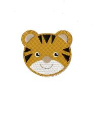 Aufnäher in Form eines Tigerkopfes. Gelbe Farbe mit schwarzen Streifen und einem lächelnden Gesicht.