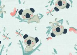 Muster mit niedlichen Koalas auf Ästen. Bunte Schmetterlinge und Blätter umgeben die Tiere.