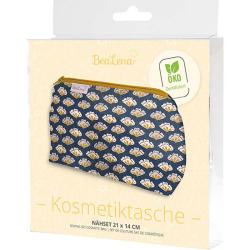 Kosmetiktasche mit floralem Muster in Blau, Gold und Weiß. Reißverschluss oben.