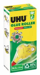 Gelber Kleberoller in einer Verpackung. Enthält permanenten Kleber und ist nachfüllbar.