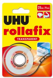Transparenter Kleberoller von UHU. Verpackung in gelb mit schwarzem Schriftzug.