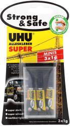 Drei kleine Tuben UHU Superkleber in einer Verpackung. Gelb-schwarzes Design mit Sicherheitsinformationen.