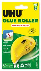 Gelber Kleberoller für nicht permanente Anwendungen. Verpackung zeigt Anwendung und Recyclinginformationen.
