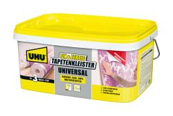 Gelbe Verpackung mit weißem Deckel. Enthält Tapetenkleister für verschiedene Tapetenarten.