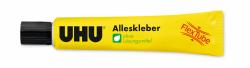 Gelbe Tube mit schwarzem Deckel. Aufschrift UHU Alleskleber, ohne Lösungsmittel.