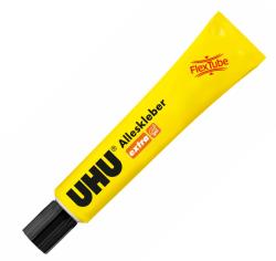 Gelbe Tube mit schwarzem Deckel. Beschriftung mit UHU Alleskleber extra.