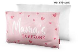 Kissen in rosa mit Herzen. Auf der Vorderseite steht 'Mama's Ruhezone'.
