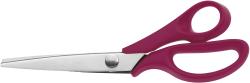Schneiderschere mit metallenen Klingen und pinken Kunststoffgriffen. Klingen sind schmal und gerade.