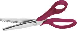 Schneiderschere mit metallenen Klingen und pinken Kunststoffgriffen. Klingen sind schmal und gerade.