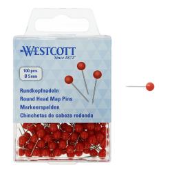 Packung mit roten Rundkopfnadeln. Enthält 100 Stück, Durchmesser 5 mm.