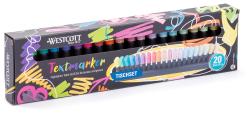 Set mit 20 Textmarkern in verschiedenen Farben. Verpackung mit buntem Design.