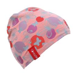 Rosa Mütze mit bunten Schmetterlingen und Kreisen. Das Material ist weich und elastisch.