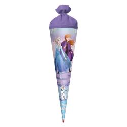 Schultüte mit Elsa und Anna aus Frozen. Lila Oberteil und bunte Unterseite.