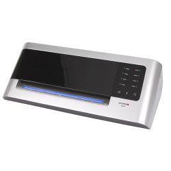 Silberner Laminierer mit schwarzer Oberfläche. Tasten für verschiedene Funktionen und eine blaue LED-Anzeige.