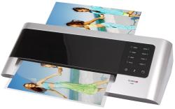 Ein silberner Laminator mit schwarzer Oberfläche. Es gibt mehrere Tasten zur Einstellung der Temperatur.