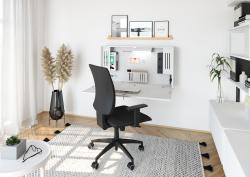 Moderne Büroecke mit einem weißen Schreibtisch. Schwarzer Bürostuhl mit Armlehnen. Wandregal mit Bilderrahmen. Pflanze in schwarzem Topf. Heller Teppich auf Holzboden.