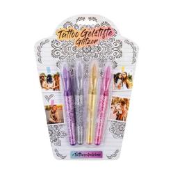 Set von vier Glitzer-Tattoo-Gelstiften in lila, silber, gold und pink. Verpackung mit buntem Design und Fotos von Menschen.