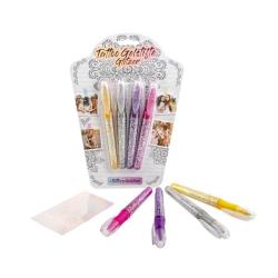 Set von vier Glitzer-Tattoo-Gelstiften in lila, silber, gold und pink. Verpackung mit buntem Design und Fotos von Menschen.