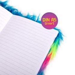 Zwei bunte, pelzige Monster mit großen Augen. Farben: Neonpink, Grün, Blau, Lila. Lächelnde Gesichter, eines mit Zähnen.