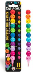 Buntstift mit 11 Farben, lächelnde Gesichter auf jedem Farbball. Verpackung schwarz mit bunten Akzenten. Pop-Up Mechanismus.