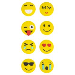 Drei Boxen mit gelben Emoji-Keksen. Verschiedene Gesichtsausdrücke: lächelnd, weinend, cool mit Sonnenbrille, verliebt. Zwei Kekse mit traurigem und fröhlichem Gesicht.