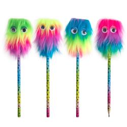 Vier bunte Bleistifte mit flauschigen Köpfen und großen Augen. Die Farben sind leuchtend und variieren zwischen grün, pink und blau.