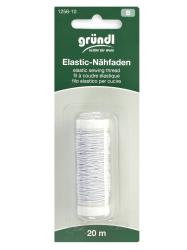 Weißer elastischer Nähfaden auf einer Rolle. Verpackung zeigt die Länge von 20 Metern.