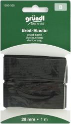 Schwarzes breites Elastikband in einer Verpackung. Breite 28 mm, Länge 1 m.