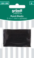 Schwarzes Rund-Elastikband, 5 Meter lang und 1 mm dick. Verpackt in einer transparenten Folie.