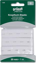 Weißes Knopfloch-Elastikband, 20 mm breit, 1 Meter lang. Verpackt in grünem Karton mit Aufhängeloch.